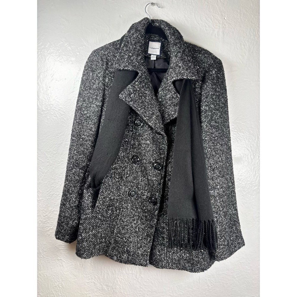 Womens Double Breasted Tweed Wool Blend Peacoat‎ Sz L Classic Preppy Academia